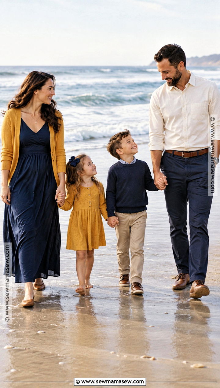 Mustard and Navy Fall Beach Family Outfit - 15 fall beach photoshoot family outfits