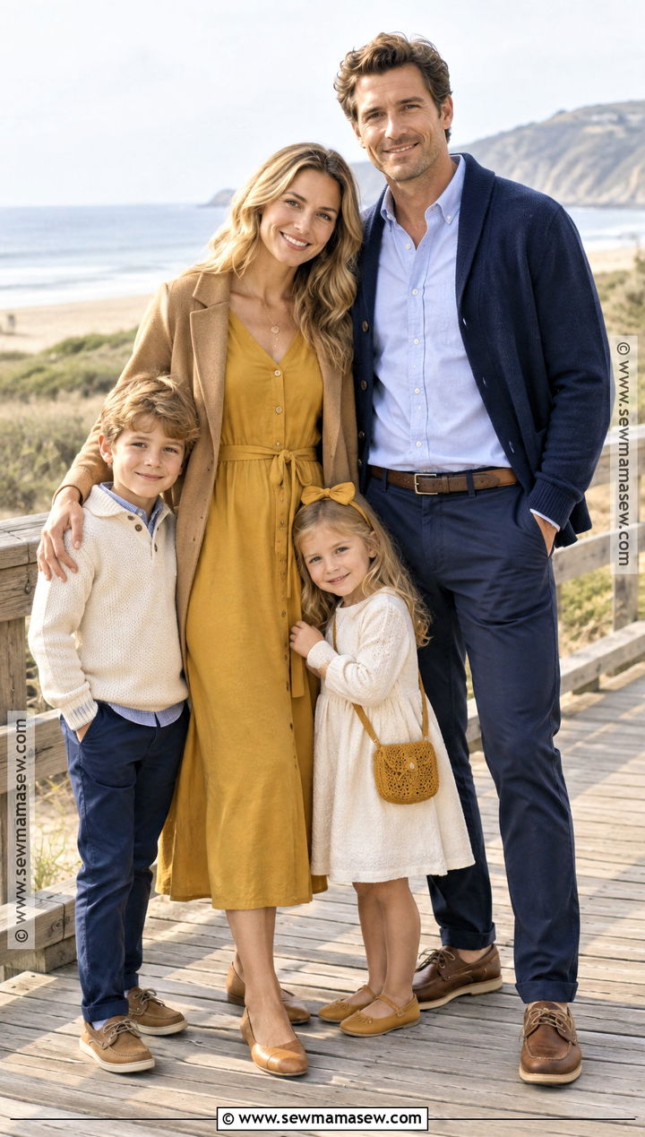 Mustard and Navy Fall Beach Family Outfit - 15 fall beach outfits for family pictures