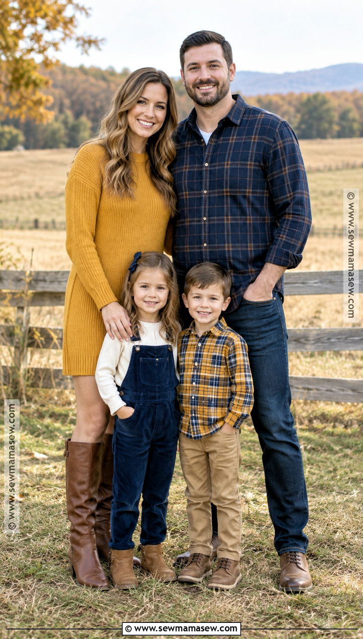 Mustard and Navy Fall Family Photo Outfit - 15 fall family of 4 pictures outfits