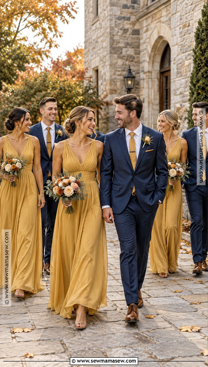 Mustard and Navy Wedding Party Attire - 15 wedding party attire color schemes fall ideas