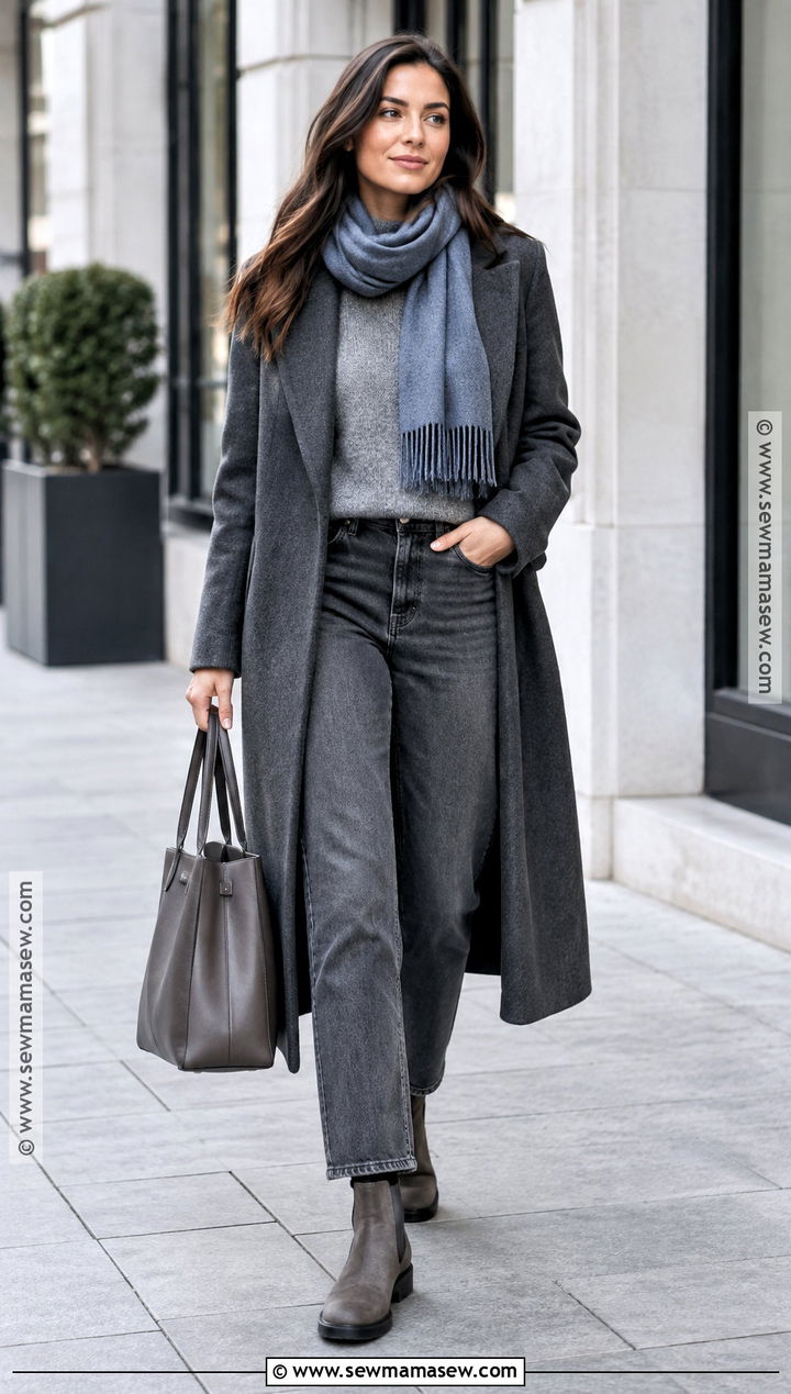 Muted Fall Outfit With Charcoal Coat And Gray Jeans - 15 Muted Fall Outfits