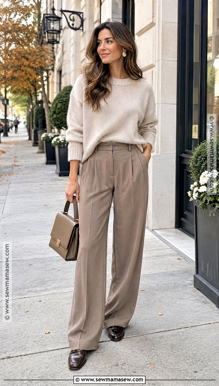 Muted Fall Outfit With Oatmeal Sweater And Taupe Trousers - 15 Muted Fall Outfits
