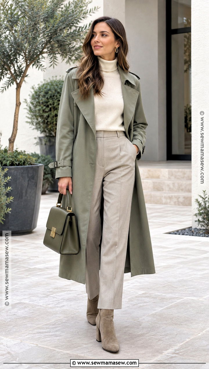 Muted Fall Outfit With Sage Trench And Monochrome Layers - 15 Muted Fall Outfits