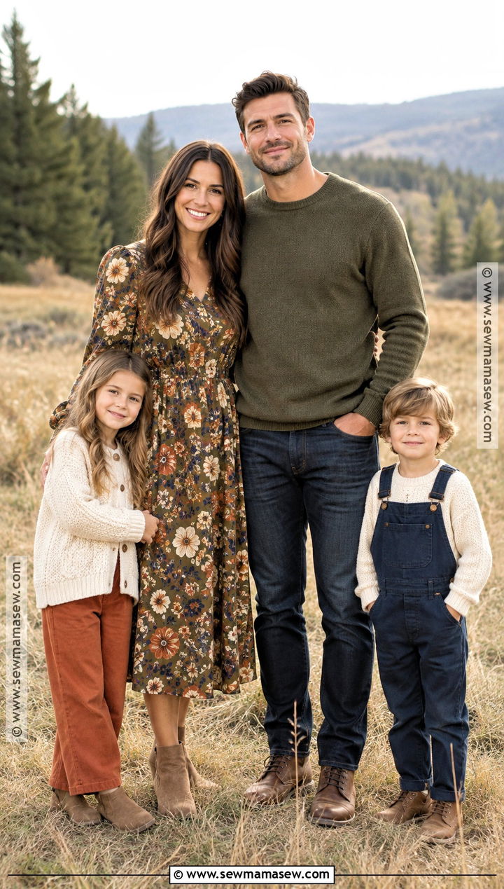 Muted Floral And Solid Neutral Fall Family Photo Outfit - 20 simple fall family photo outfits