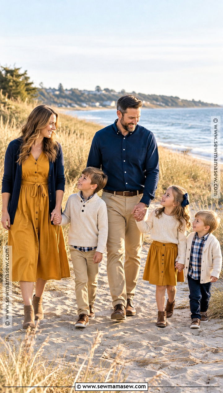 Muted Mustard And Navy Fall Beach Family Outfit - 20 fall family beach pictures outfits