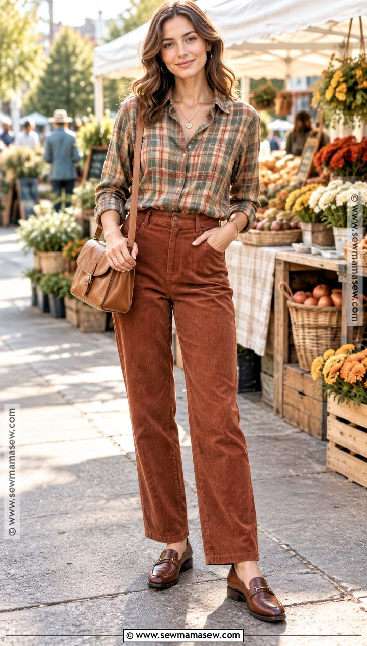 Muted Plaid Shirt With Rust Corduroy Pants - 20 soft autumn color palette clothes