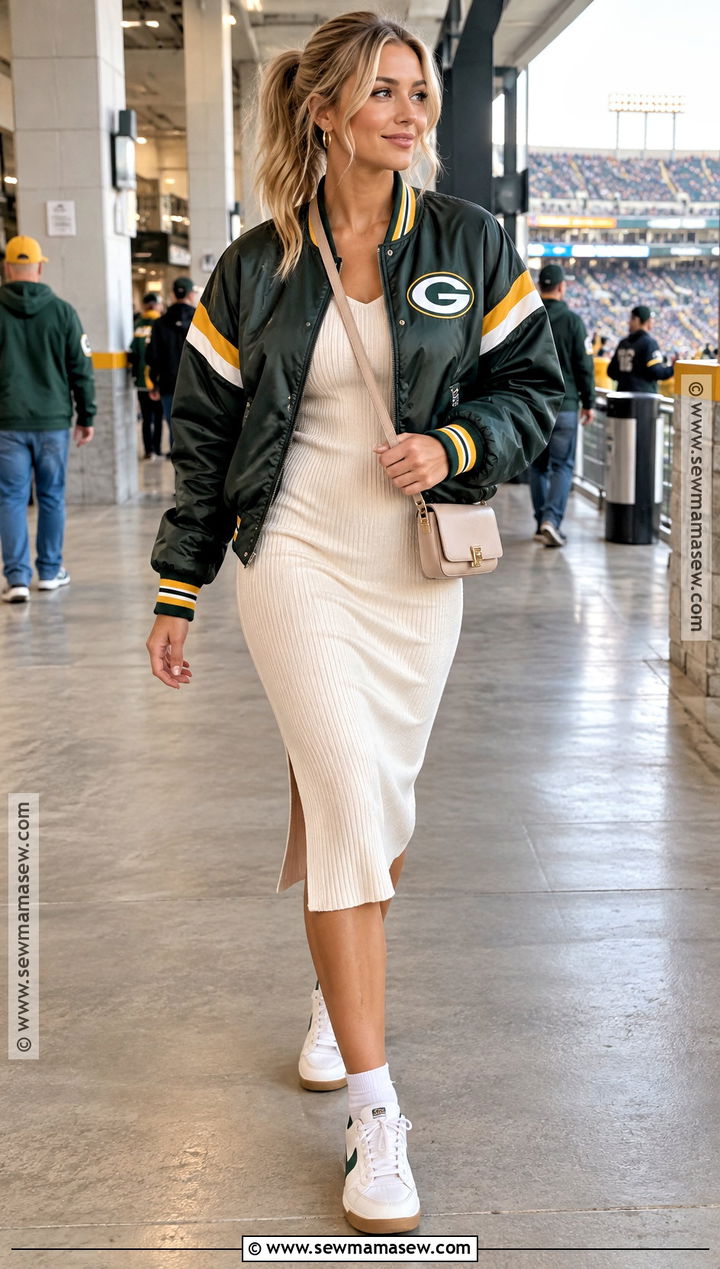 NFL Bomber Jacket With Knit Dress And Sneakers - 20 Nfl Game Day Outfit Woman Fall Ideas