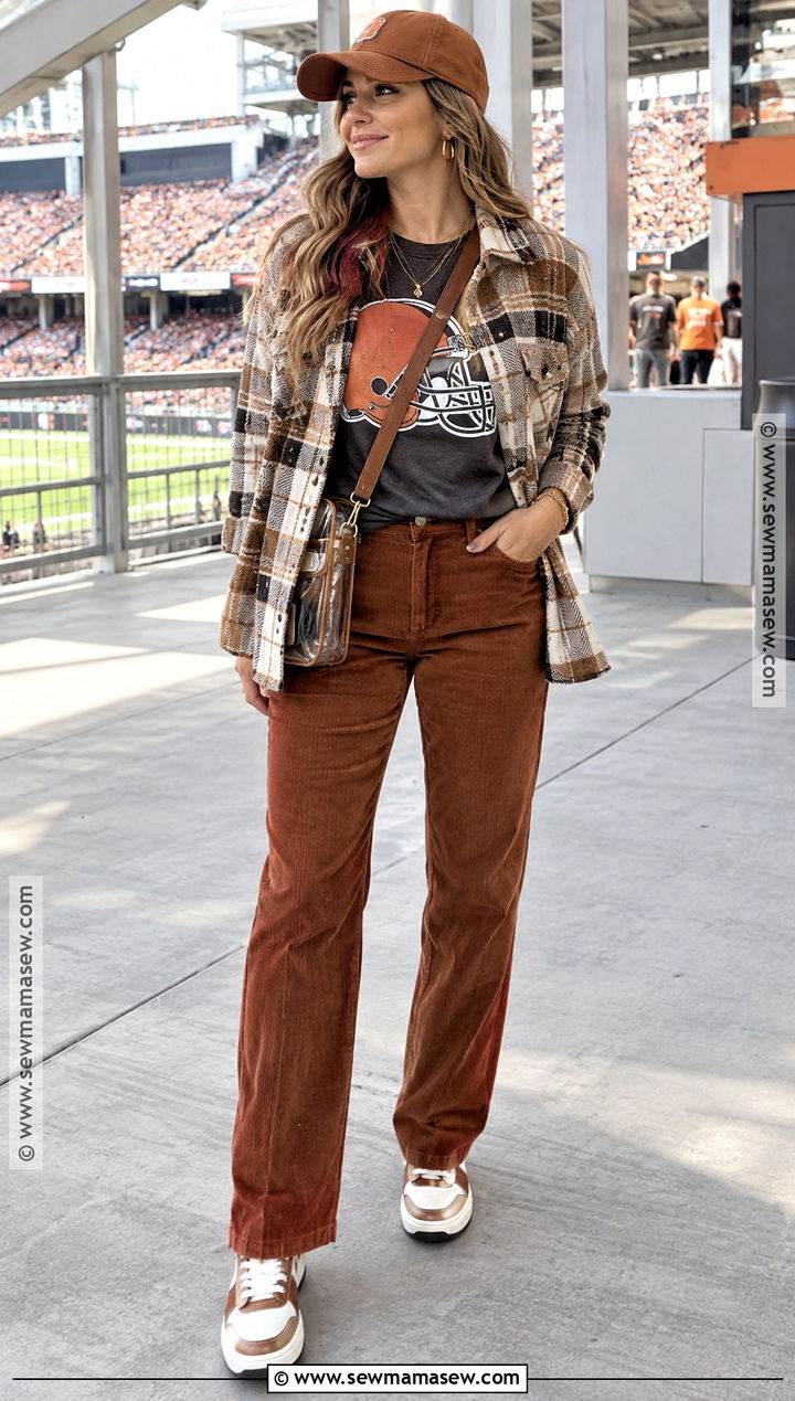 NFL Graphic Shirt With Shacket And Corduroy Pants - 15 fall nfl game outfit ideas