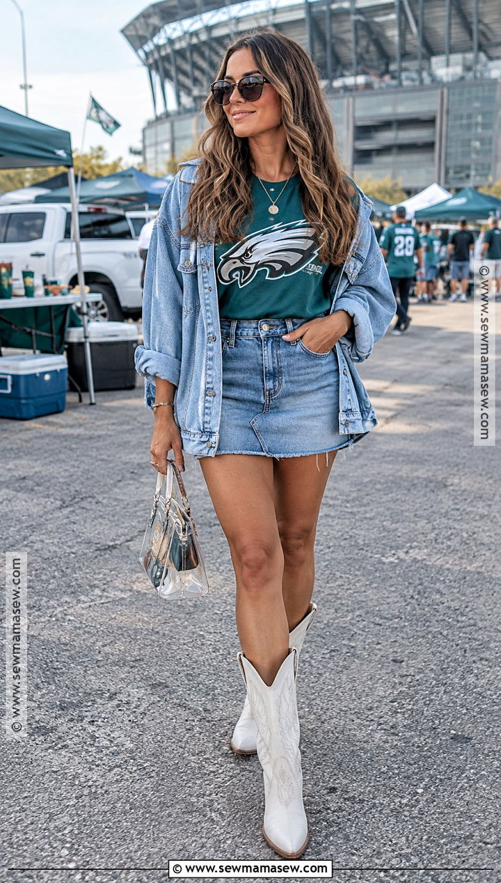 NFL Graphic Tee With Denim Skirt And Cowboy Boots - 15 fall nfl game outfit ideas