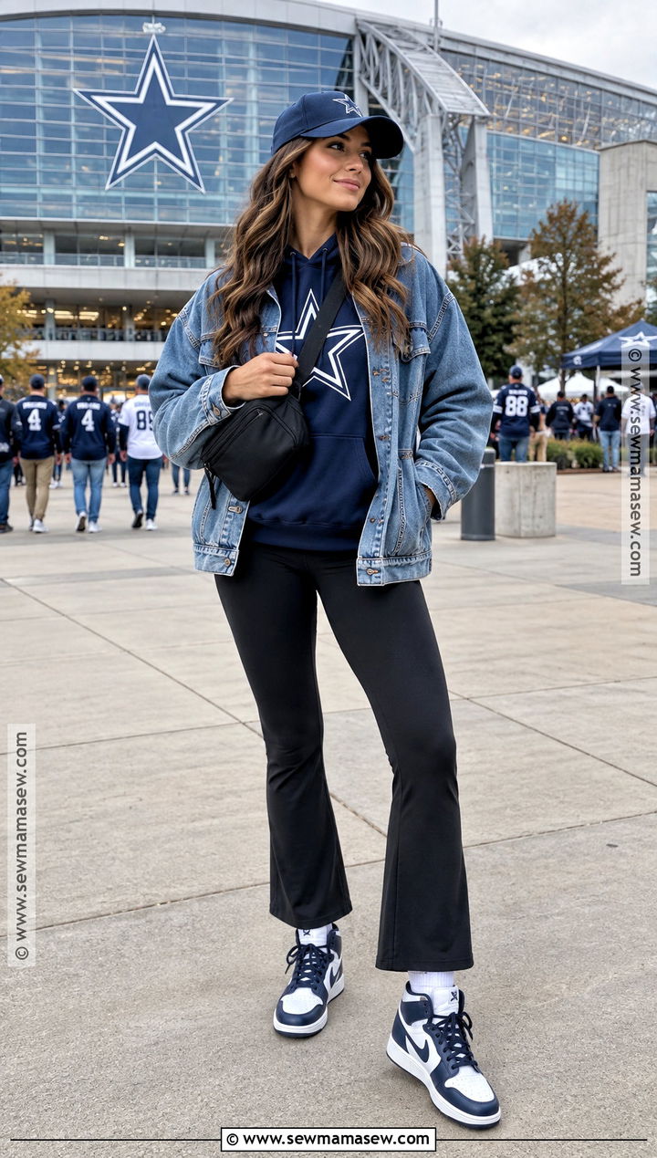 NFL Hoodie With Denim Jacket And Leggings - 20 Nfl Game Day Outfit Woman Fall Ideas