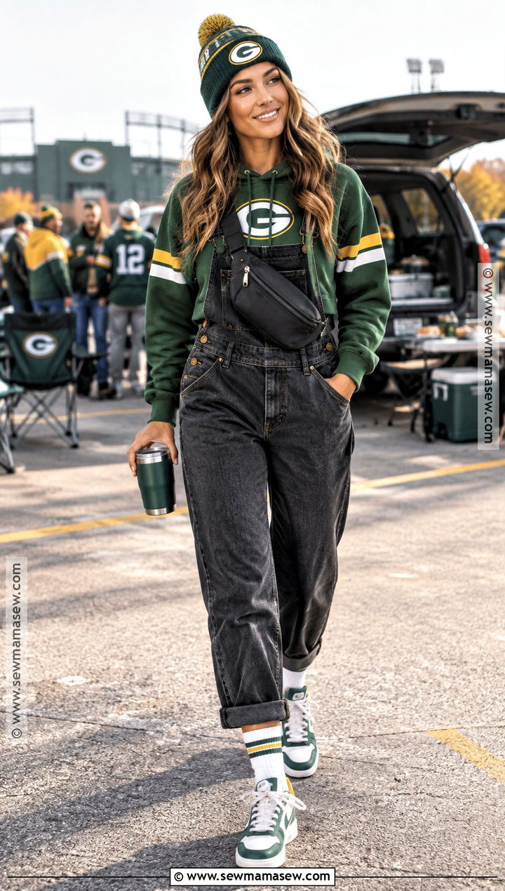 NFL Hoodie With Denim Overalls And Sneakers - 20 Nfl Game Day Outfit Woman Fall Ideas
