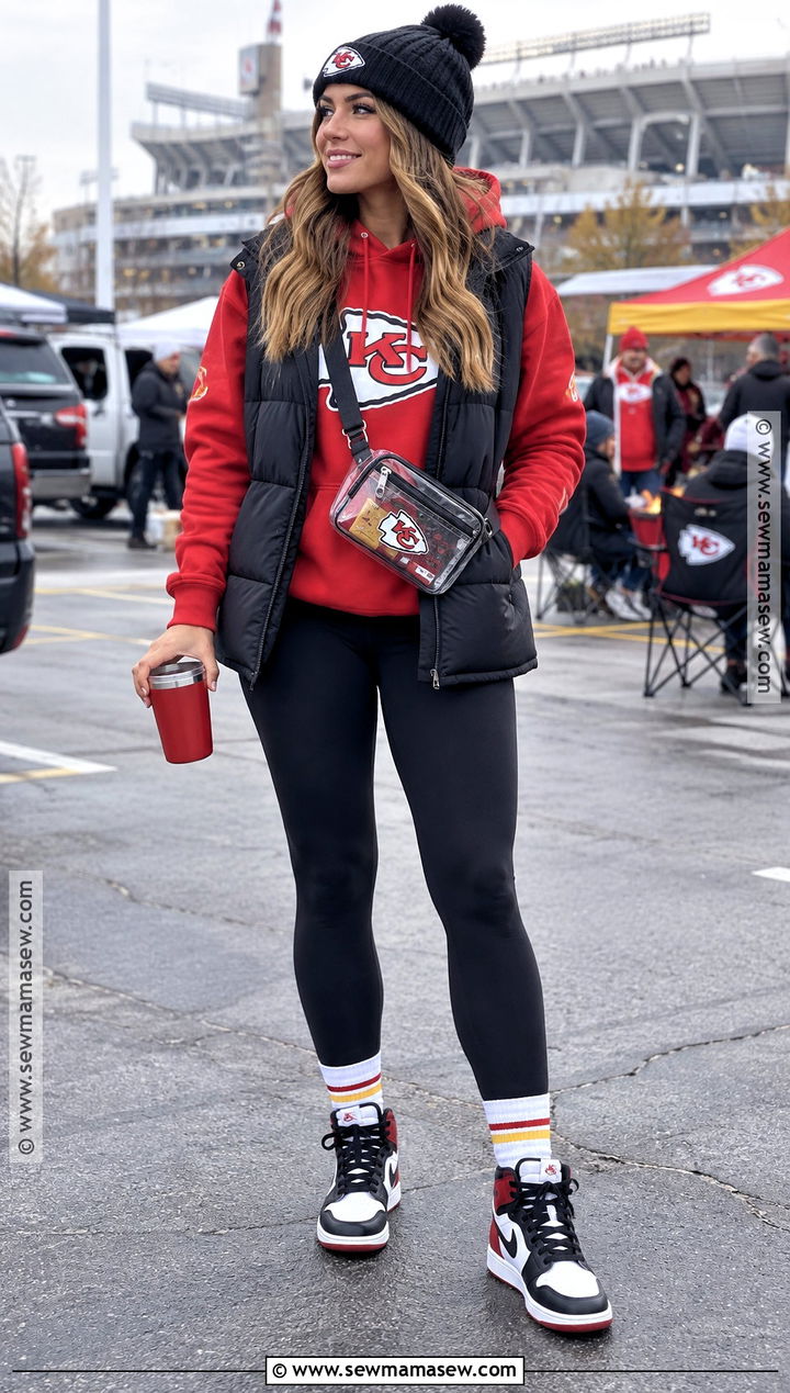 NFL Hoodie With Puffer Vest And Leggings - 15 fall nfl game outfit ideas