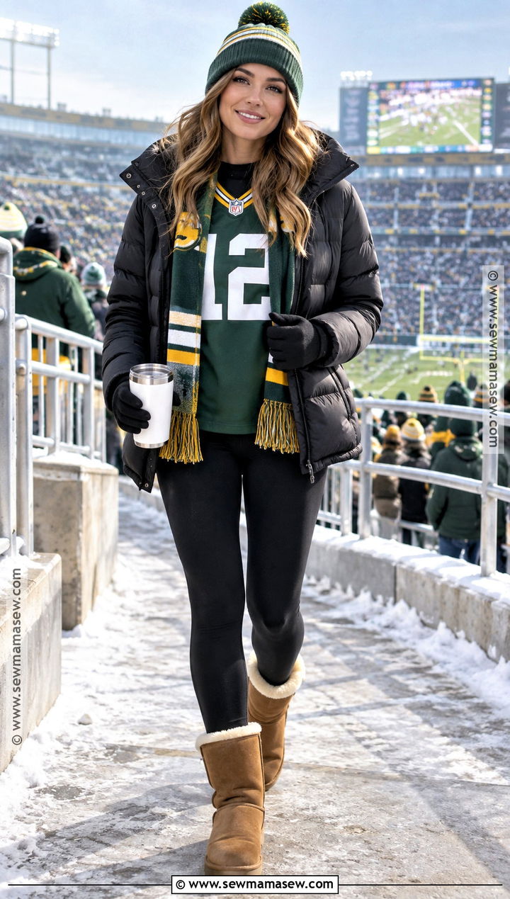 NFL Jersey With Puffer Jacket And Fleece Leggings - 20 Nfl Game Day Outfit Woman Fall Ideas