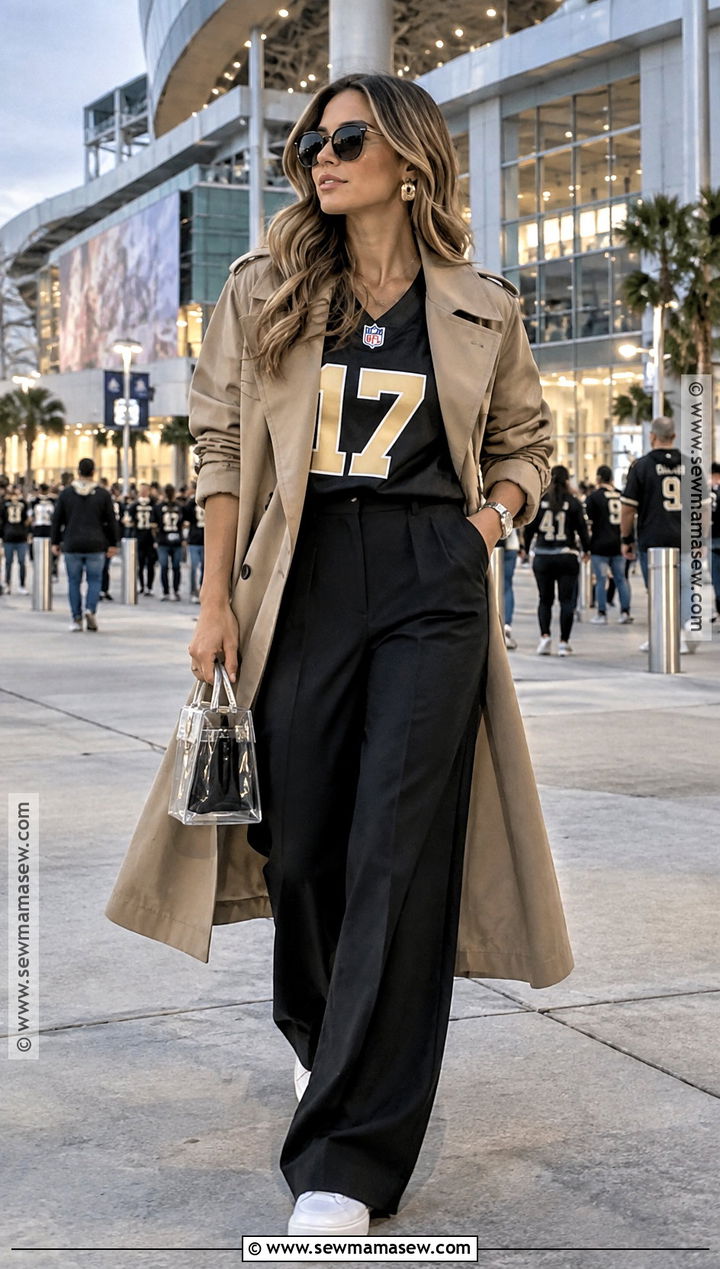 NFL Jersey With Tailored Trousers And Trench Coat - 15 fall nfl game outfit ideas