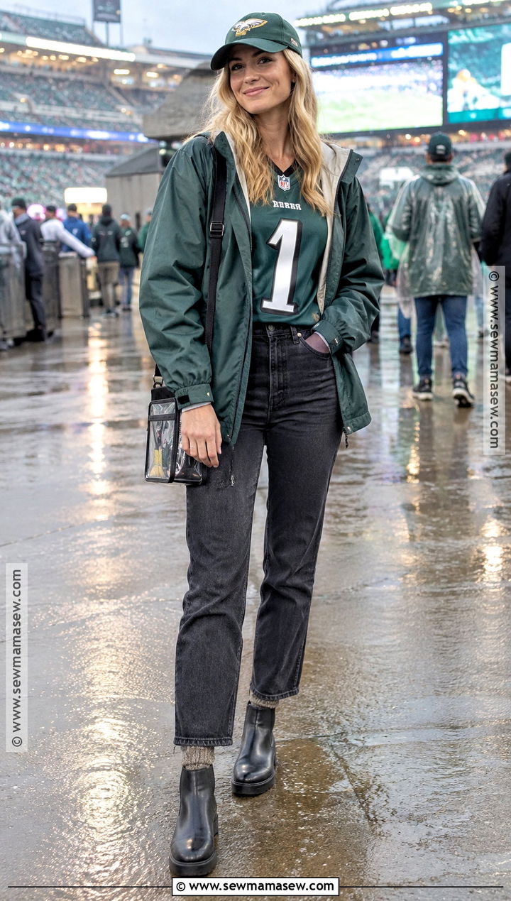 NFL Rain Jacket With Jeans And Waterproof Boots - 15 fall nfl game outfit ideas