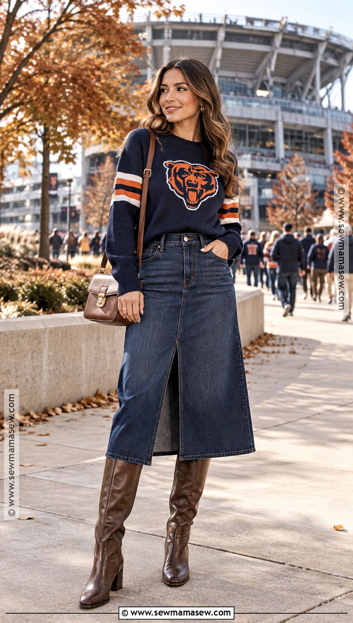 NFL Sweater With Denim Skirt And Tall Boots - 20 Nfl Game Day Outfit Woman Fall Ideas