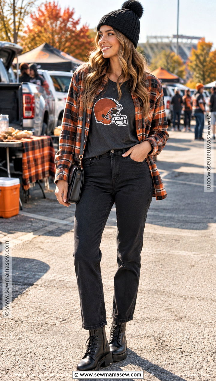 NFL T Shirt With Flannel And Black Jeans - 20 Nfl Game Day Outfit Woman Fall Ideas