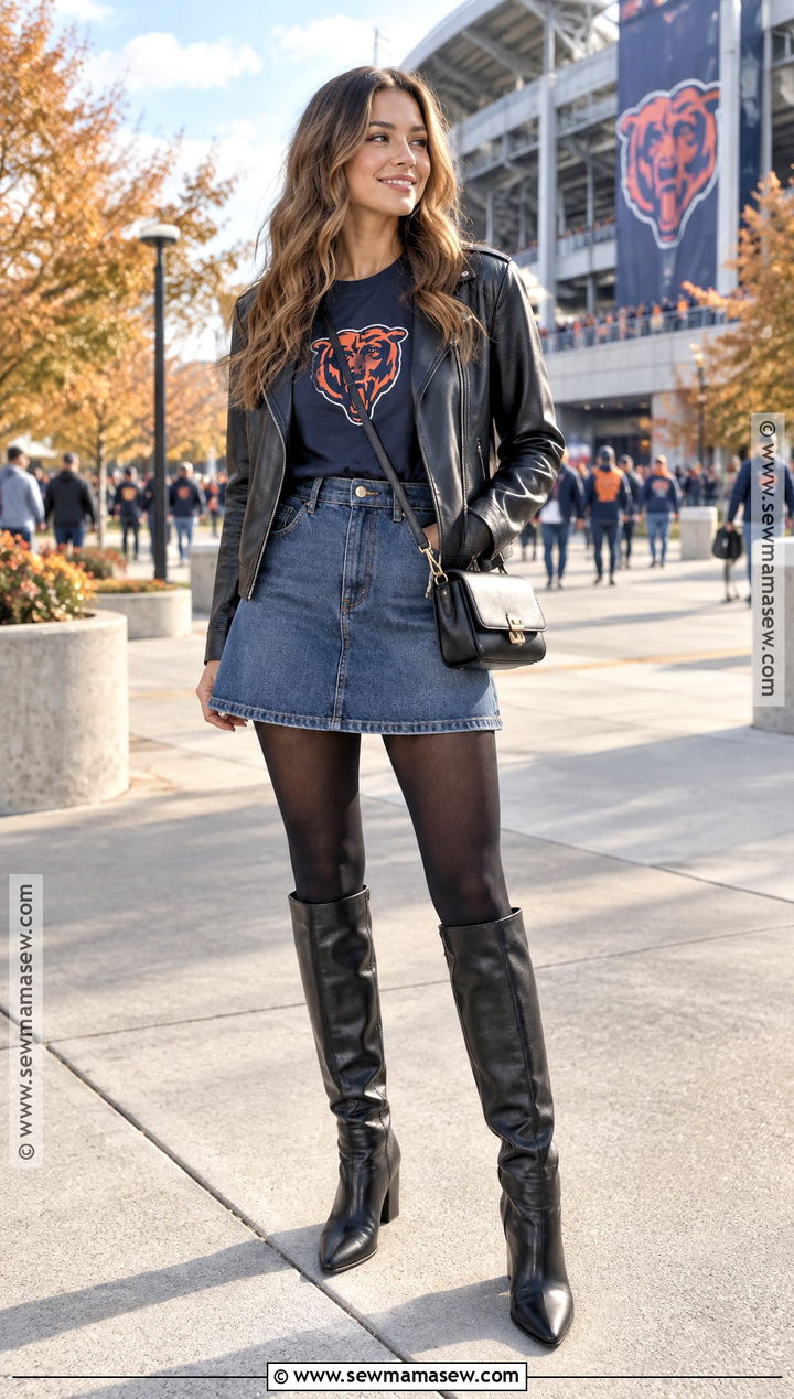 NFL T Shirt With Leather Jacket And Denim Skirt - 20 Nfl Game Day Outfit Woman Fall Ideas
