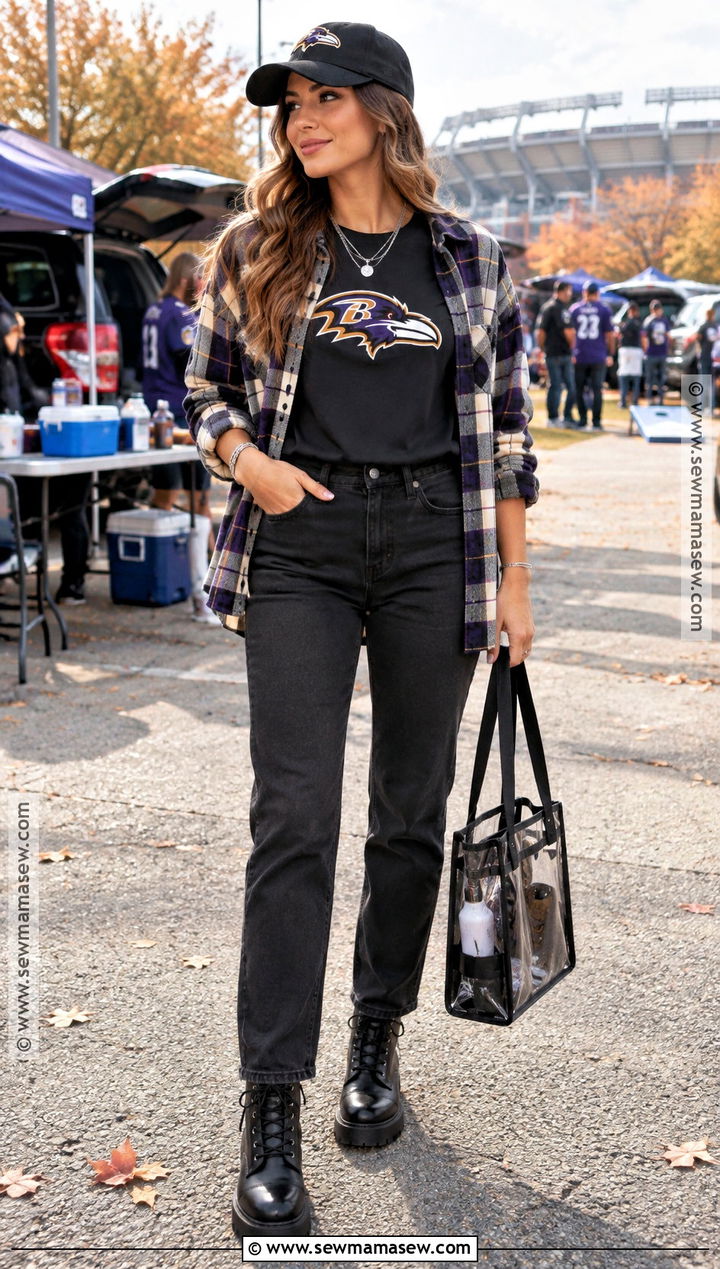NFL Team Tee With Flannel And Black Jeans - 15 fall nfl game outfit ideas