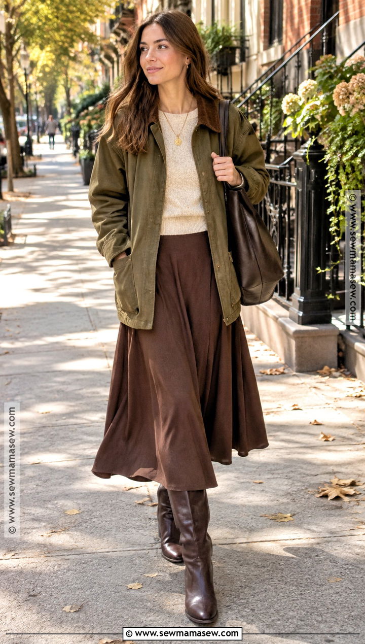 NYC Autumn Barn Jacket With Midi Skirt - 15 nyc autumn outfits
