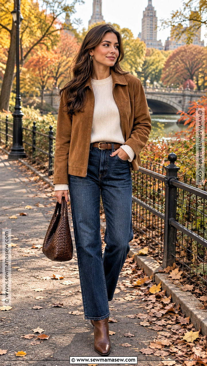 NYC Autumn Suede Jacket With Dark Denim - 15 nyc autumn outfits