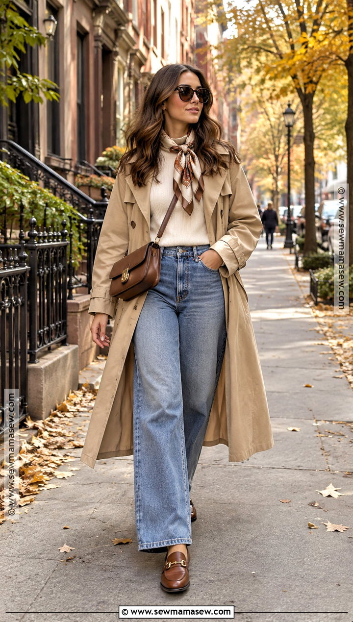 NYC Autumn Trench Coat With Wide Leg Jeans - 15 nyc autumn outfits