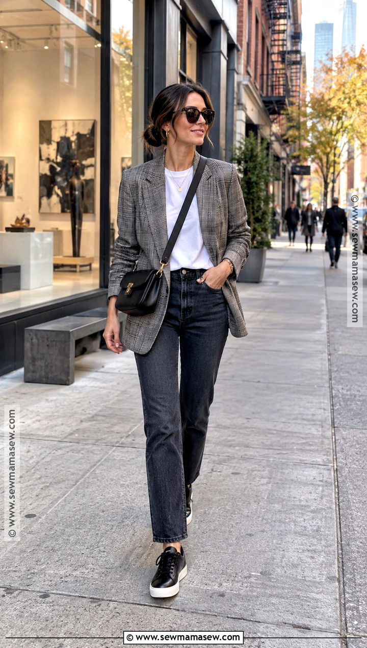NYC Blazer Outfit With T Shirt And Dark Jeans - 15 Nyc Tourist Outfit Fall Ideas
