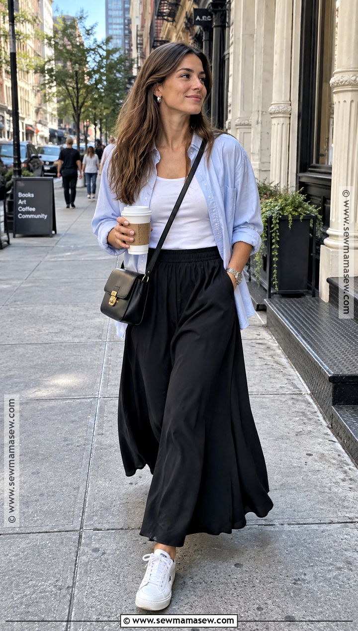 NYC Button Down Shirt And Maxi Skirt Outfit - 15 Summer To Fall Transition Outfits Nyc