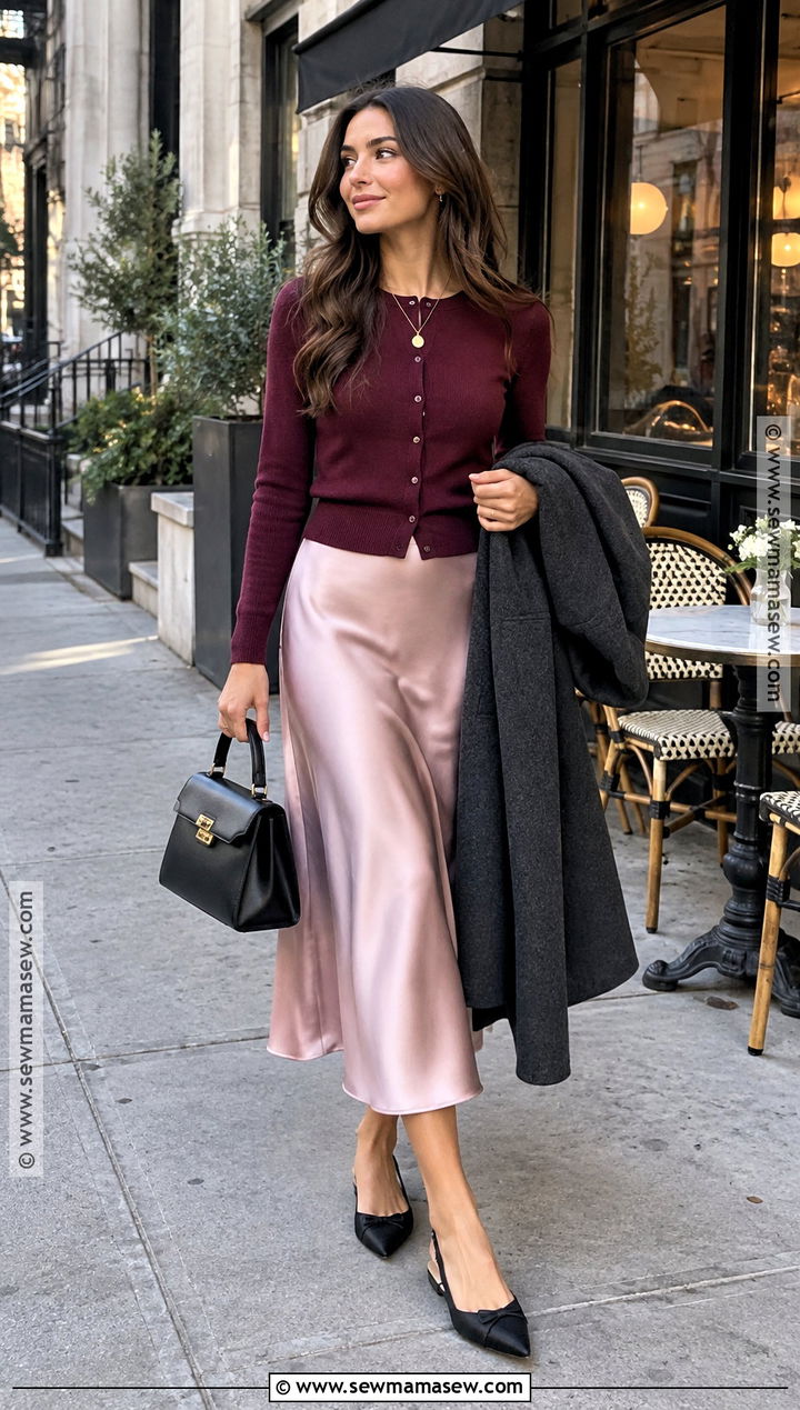 NYC Cardigan And Satin Midi Skirt Outfit - 20 Fall Fashion Nyc Ideas