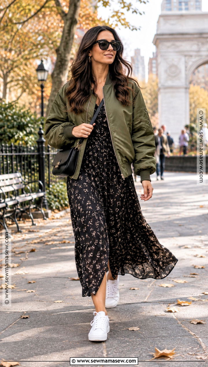 NYC Fall Bomber Jacket And Maxi Dress Outfit - 25 nyc fall fashion ideas