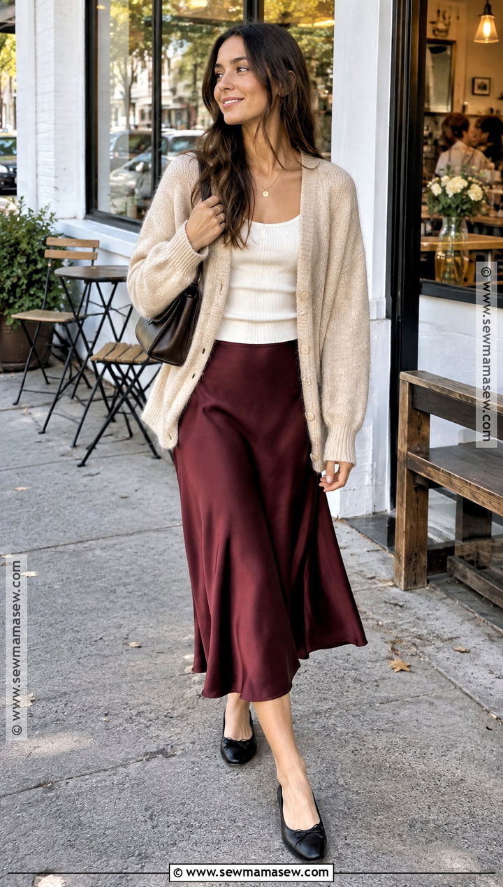 NYC Fall Cardigan And Satin Skirt Outfit - 15 fall outfits 2026 nyc