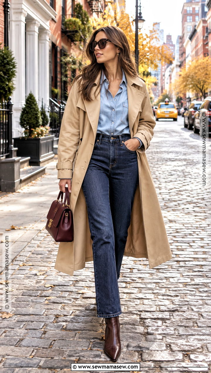 NYC Fall Double Denim And Trench Coat Outfit - 15 fall outfits 2026 nyc