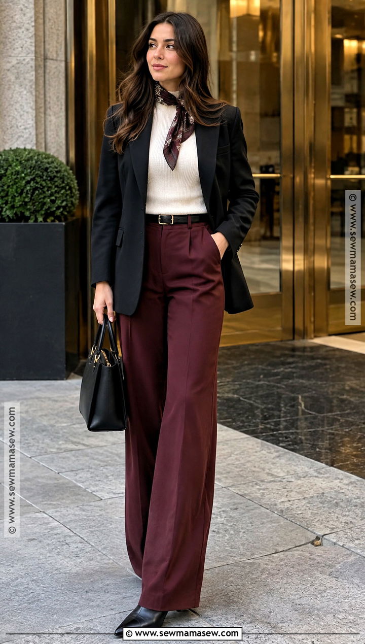 NYC Fall Outfit With Black Blazer And Burgundy Pants - 25 nyc fall outfits