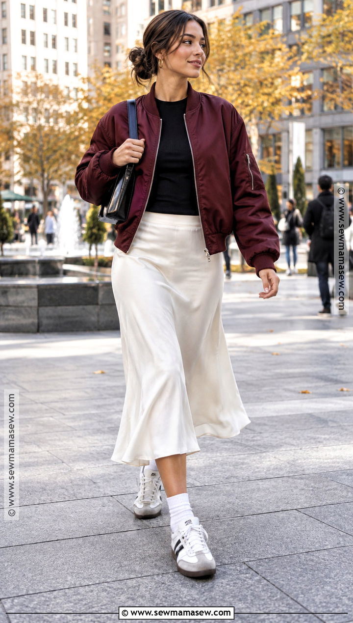 NYC Fall Outfit With Bomber Jacket And Midi Skirt - 25 nyc fall outfits