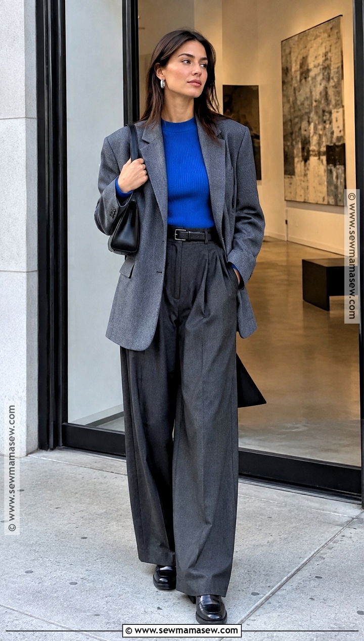 NYC Fall Outfit With Cerulean Top And Gray Trousers - 25 nyc fall outfits street style