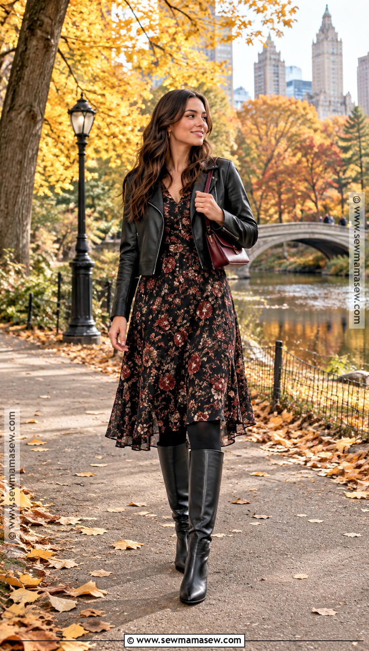NYC Fall Outfit With Floral Dress And Leather Boots - 25 nyc fall outfits