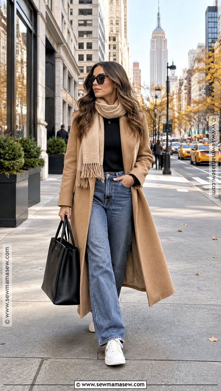 NYC Fall Outfit With Long Wool Coat And Sneakers - 25 nyc fall outfits