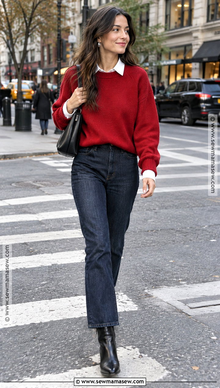 NYC Fall Outfit With Red Sweater And Dark Denim - 25 nyc fall outfits street style
