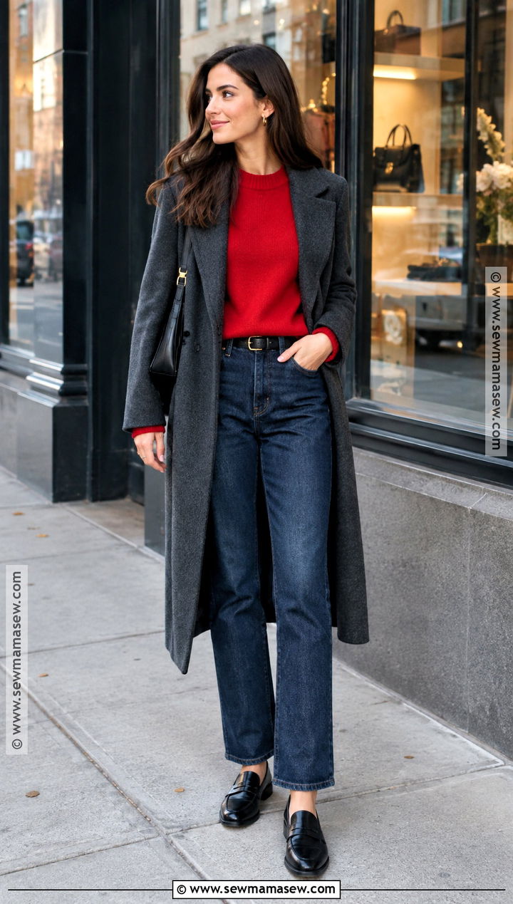 NYC Fall Outfit With Red Sweater And Dark Jeans - 25 nyc fall outfits