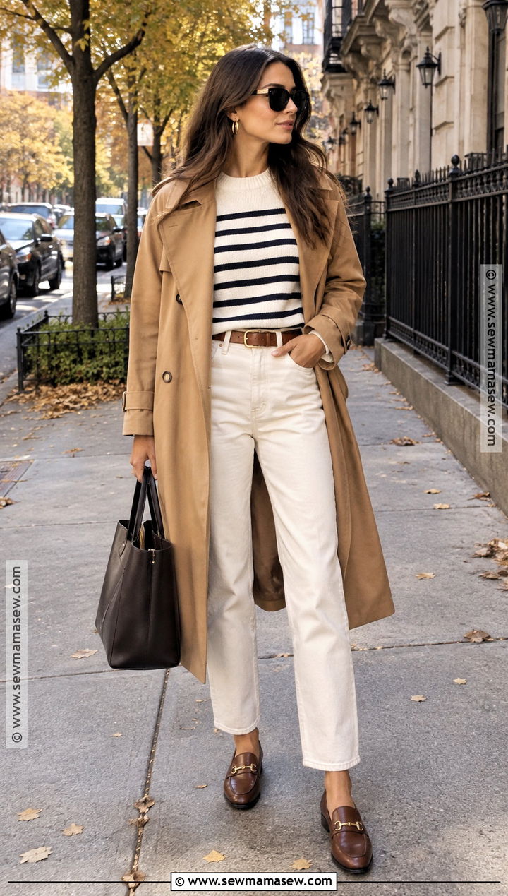 NYC Fall Outfit With Striped Sweater And White Jeans - 25 nyc fall outfits street style