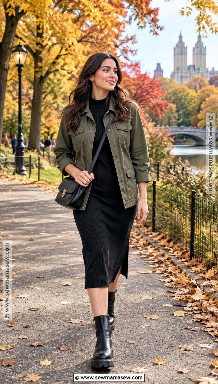 NYC Fall Outfit With Utility Jacket And Knit Dress - 15 Fall New York City Outfits