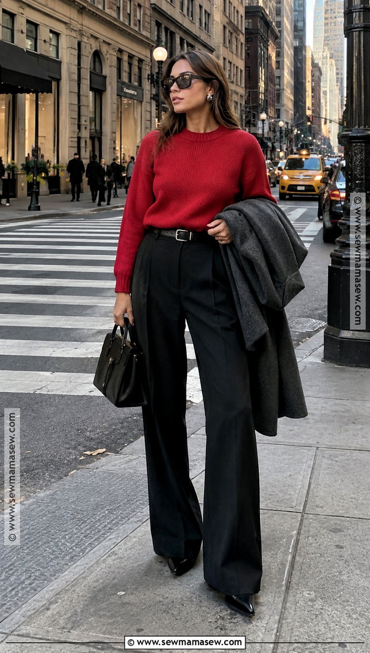 NYC Fall Red Sweater And Black Trousers Outfit - 25 nyc fall fashion ideas