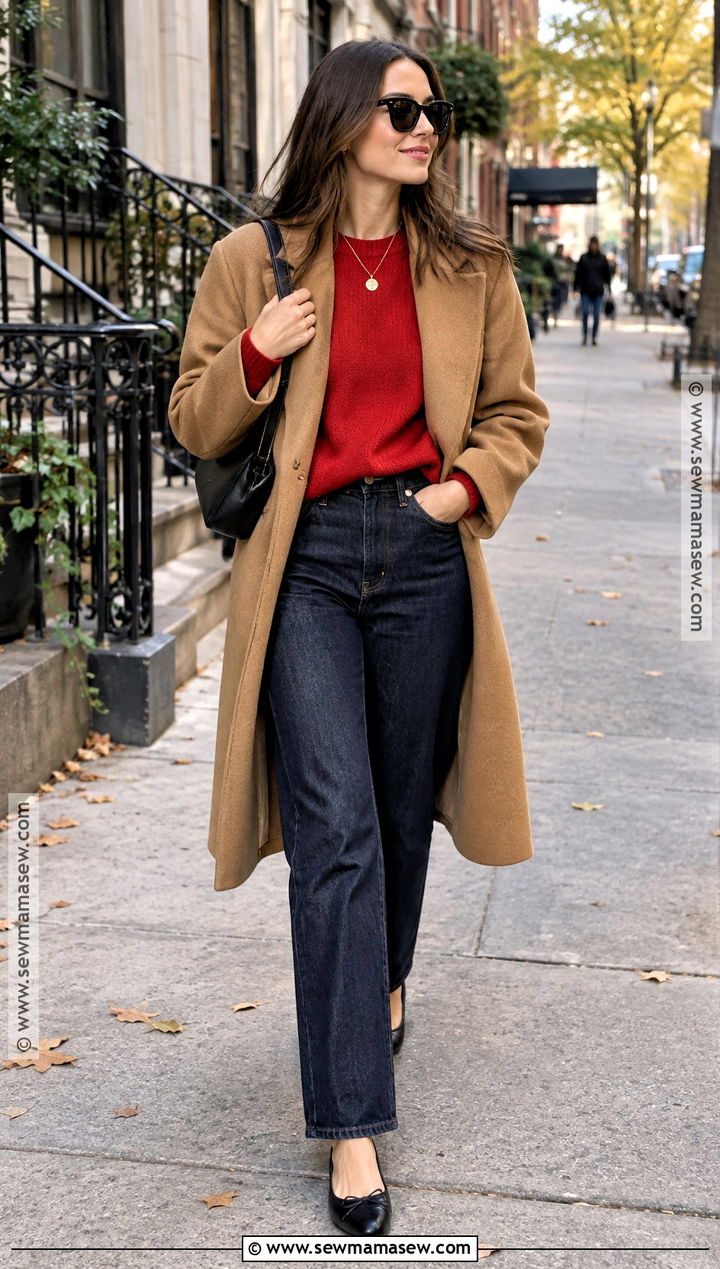 NYC Fall Red Sweater And Dark Jeans Outfit - 15 Fall Nyc Outfits 2026