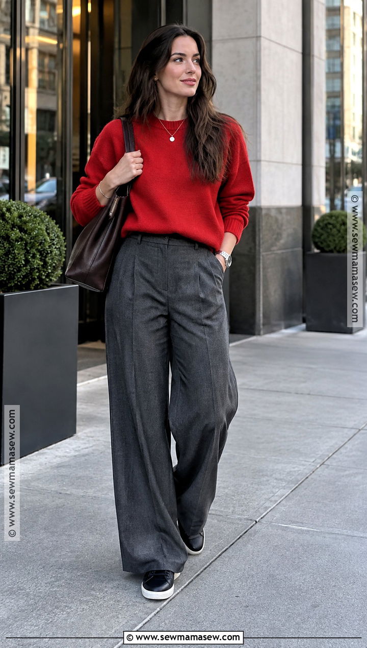 NYC Fall Red Sweater And Gray Trousers Outfit - 20 nyc street style fall ideas