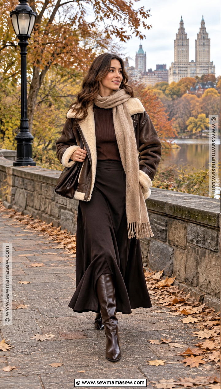 NYC Fall Shearling Jacket And Maxi Skirt Outfit - 25 fall outfits nyc