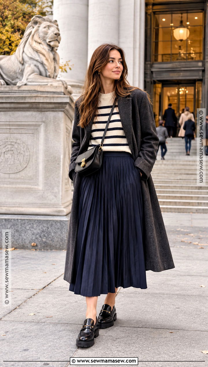 NYC Fall Striped Sweater And Pleated Skirt Outfit - 15 fall outfits 2026 nyc