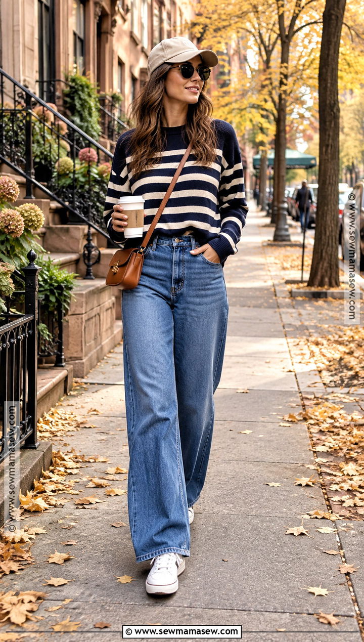 NYC Fall Striped Sweater And Wide Leg Jeans Outfit - 15 nyc in the fall outfits