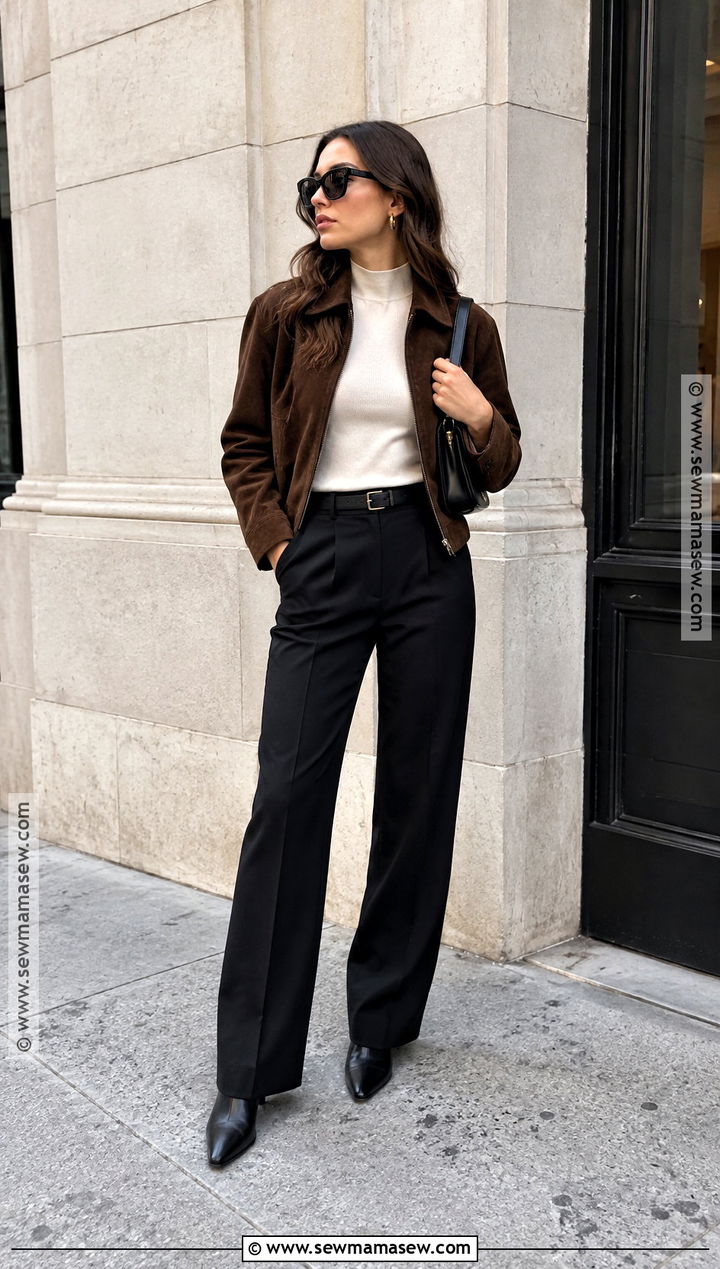 NYC Fall Suede Jacket And Black Trousers Outfit - 15 fall outfits 2026 nyc