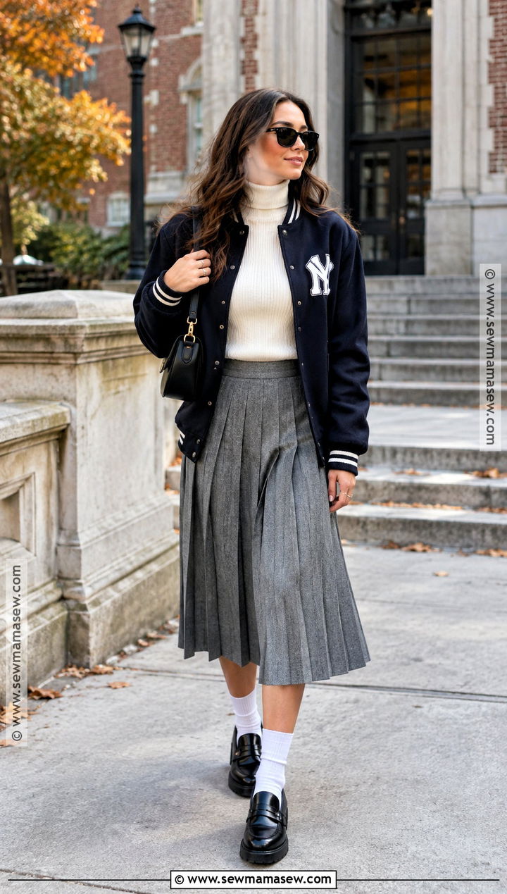 NYC Fall Varsity Jacket And Pleated Skirt Outfit - 15 Ny Street Style 2026 Fall Ideas
