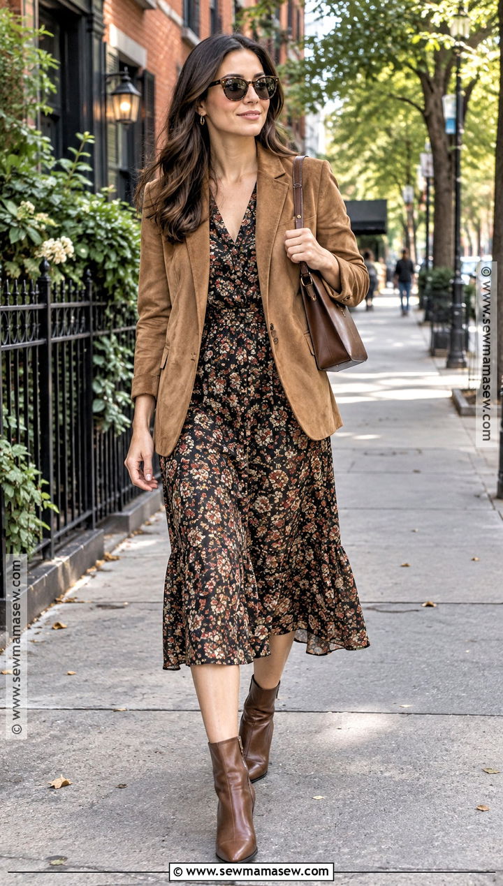 NYC Floral Dress And Suede Blazer Outfit - 15 Summer To Fall Transition Outfits Nyc
